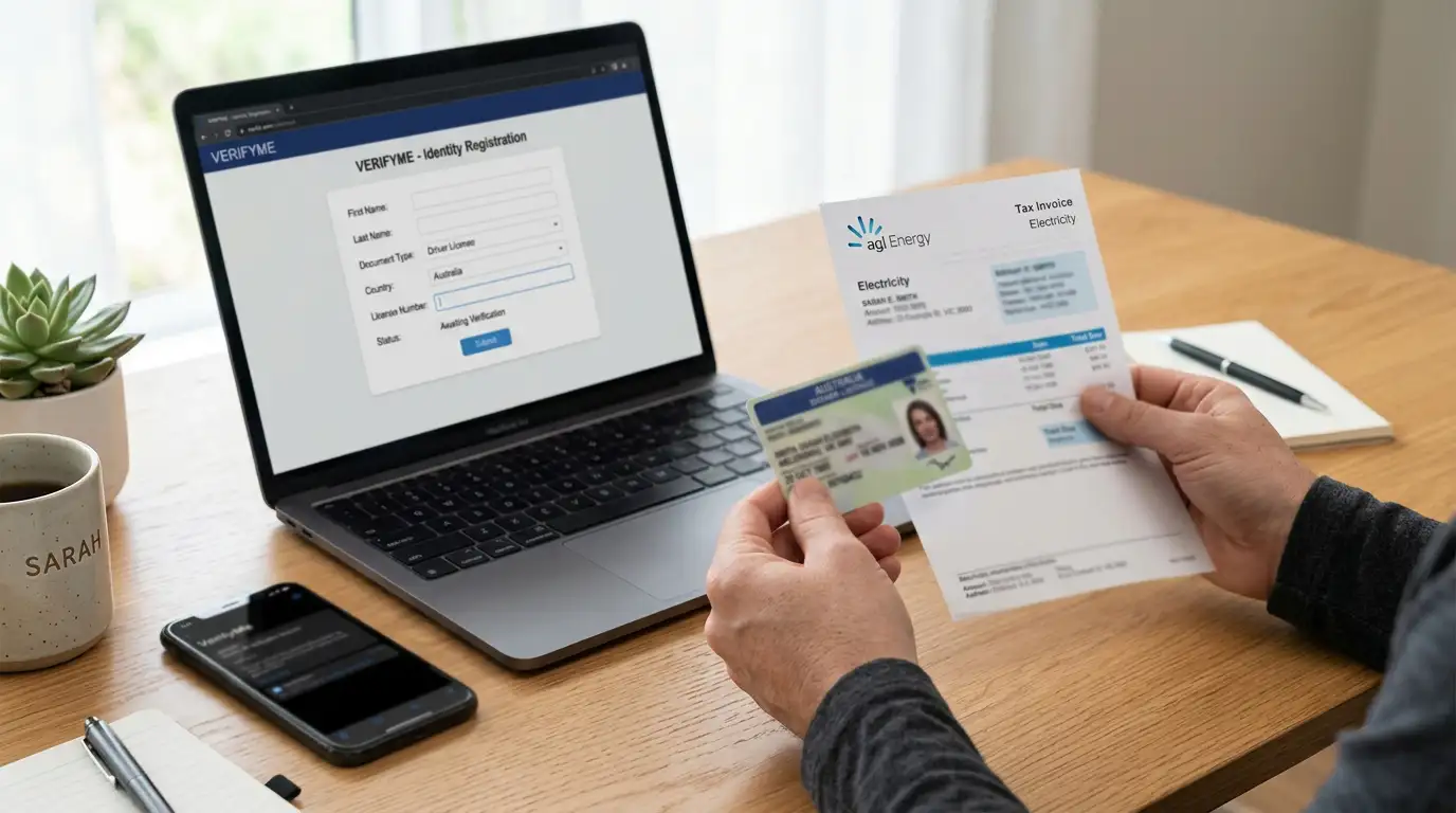 Person at desk completing online casino registration form with verification documents nearby