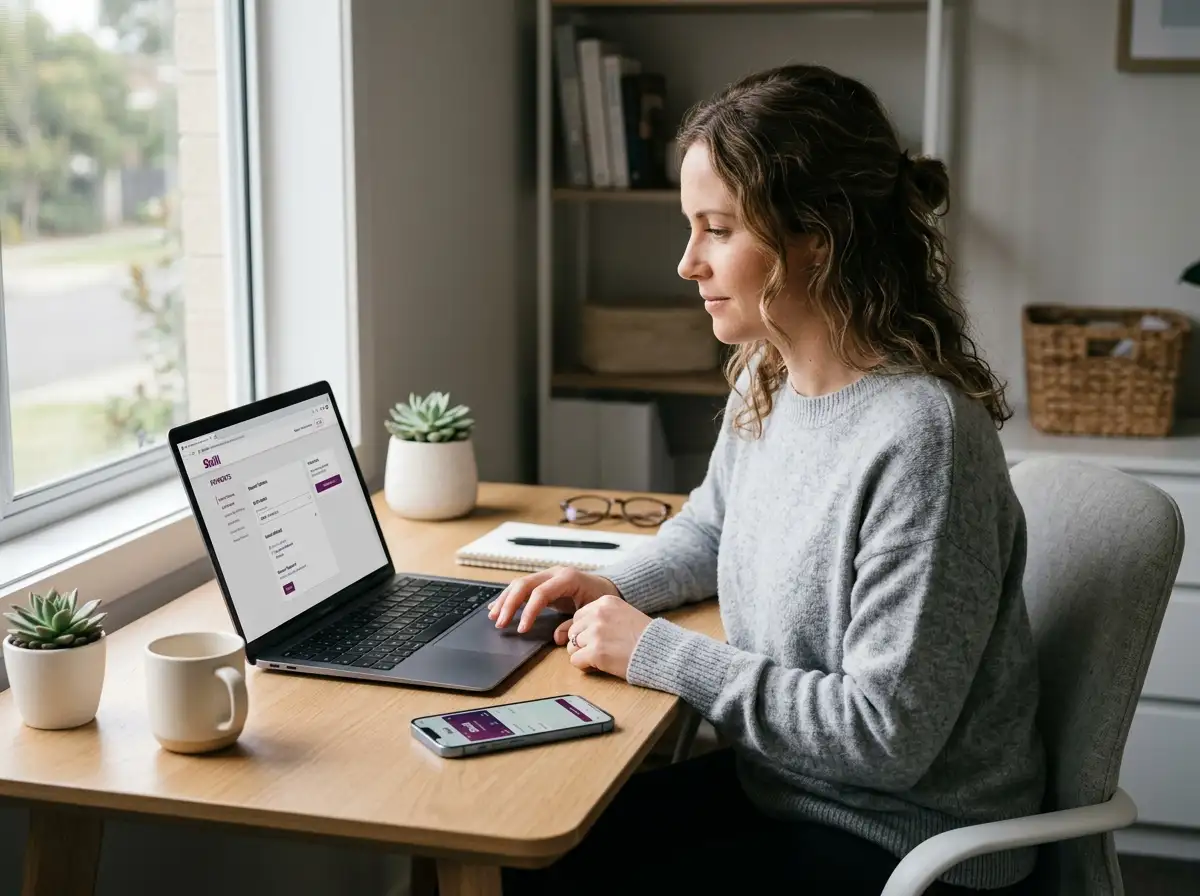 Australian online casino player reviewing Skrill payment options on laptop