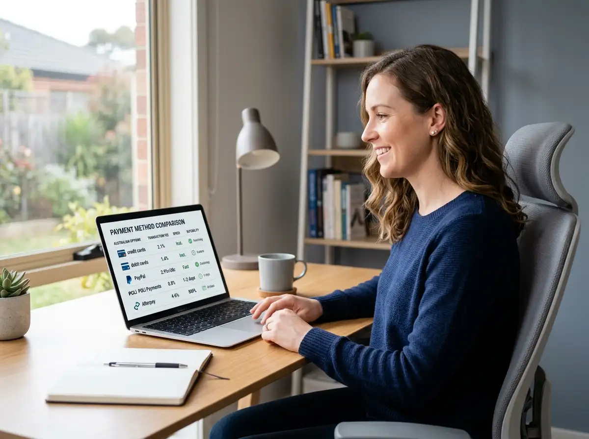 Australian player at a laptop reviewing Trustly casino payment options