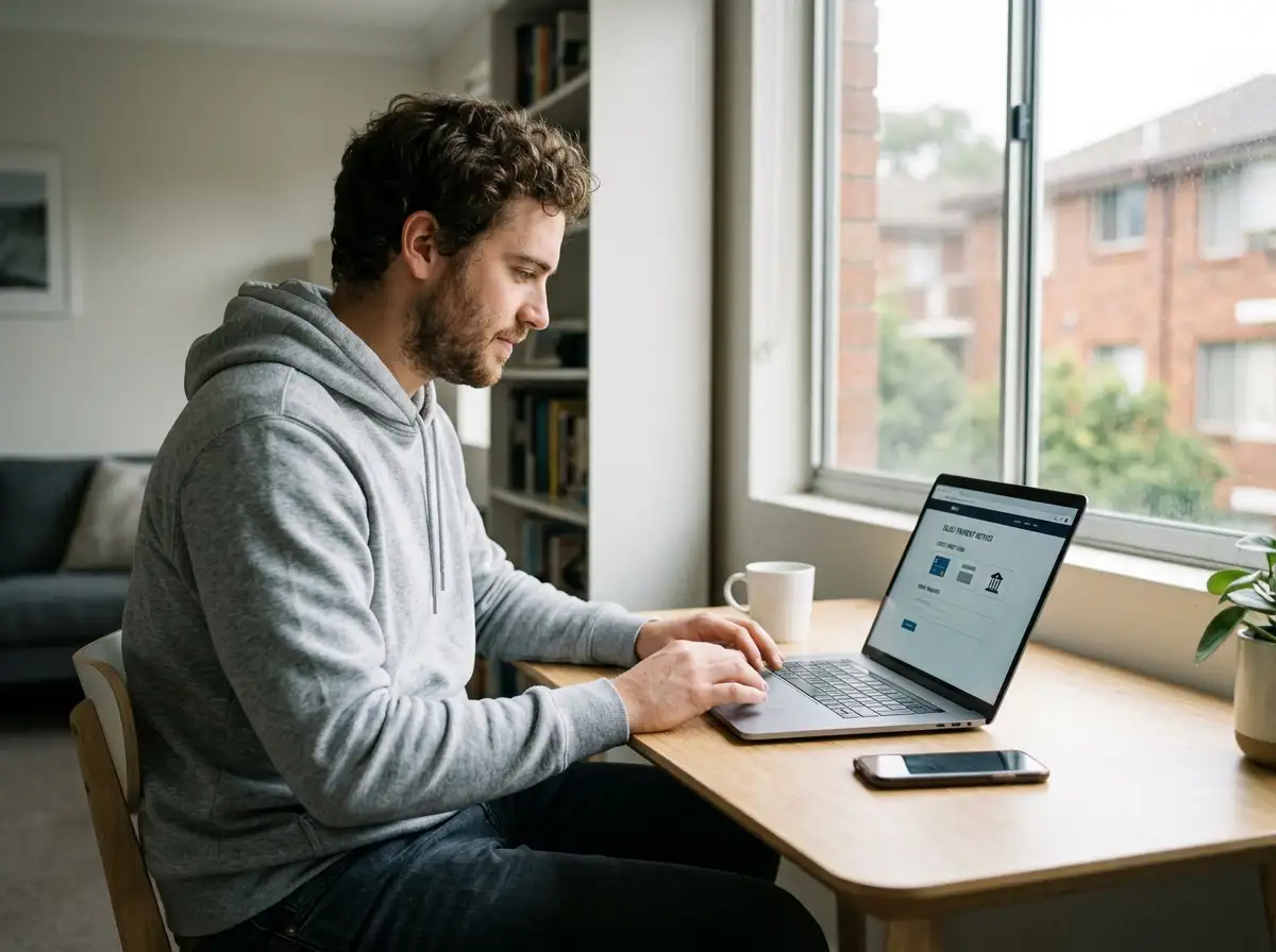Australian player with laptop reviewing casino payment options on screen