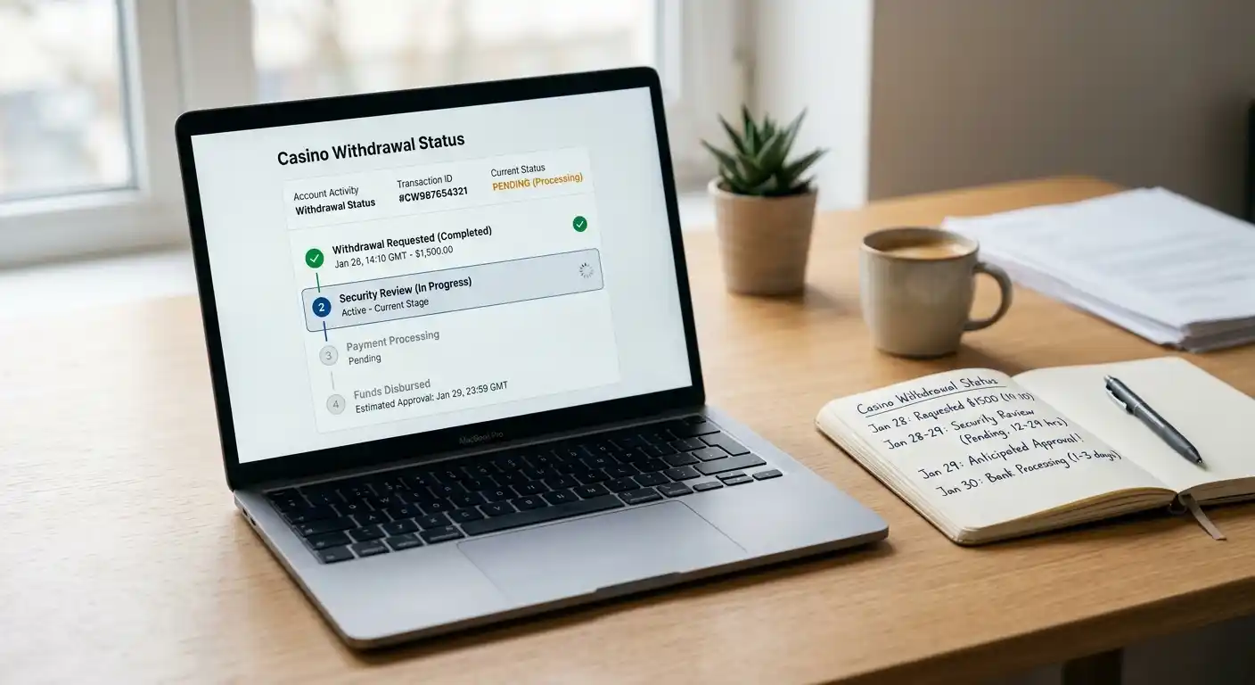 Clean desk with laptop showing casino withdrawal pending status and approval stages