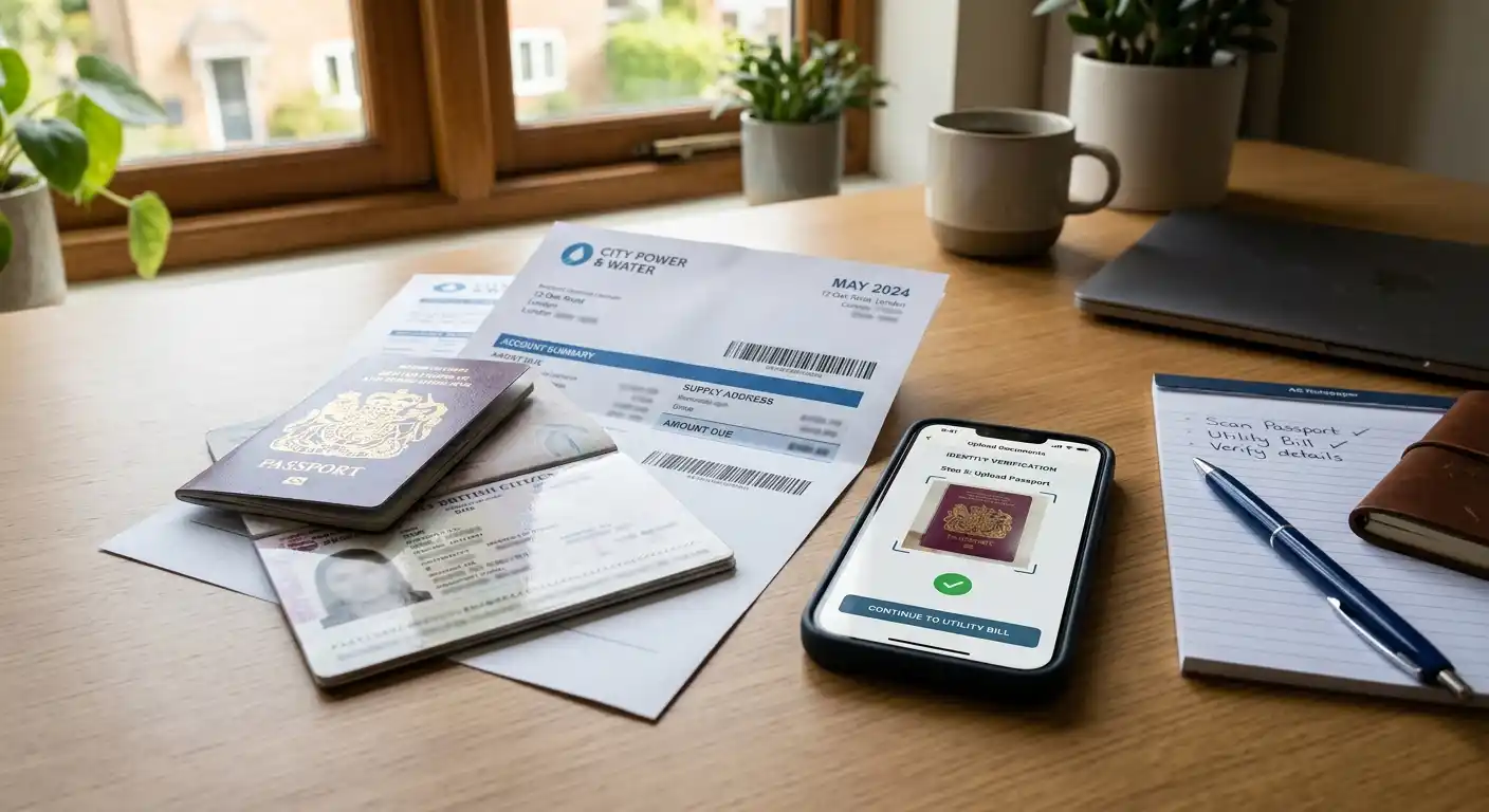 Identity verification documents and smartphone showing casino KYC upload process