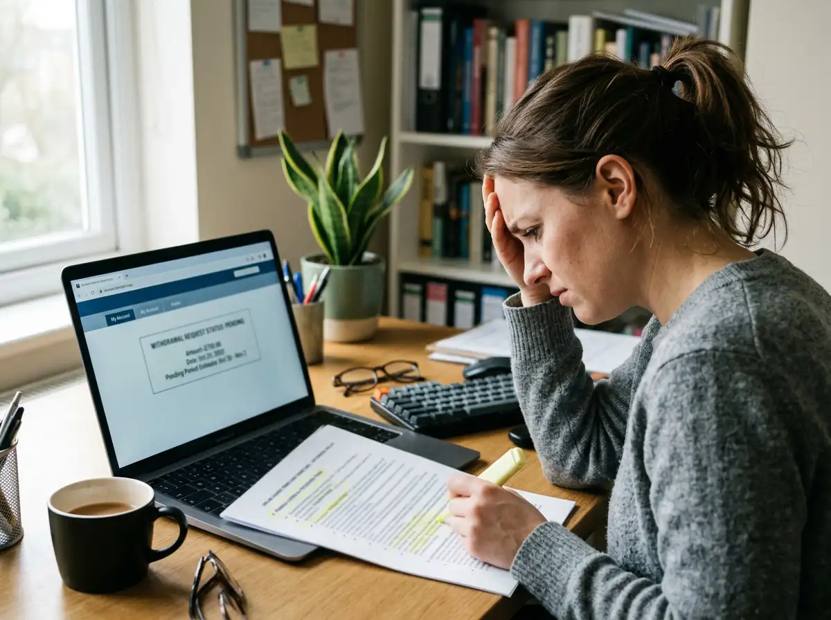Person reviewing casino withdrawal terms document with pending status highlighted on laptop screen