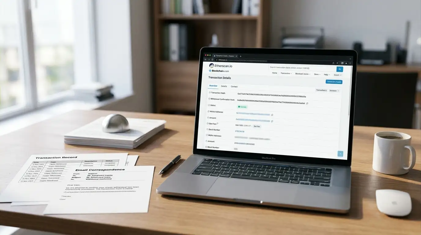 Desk with transaction records, support email correspondence, and blockchain explorer showing withdrawal confirmation