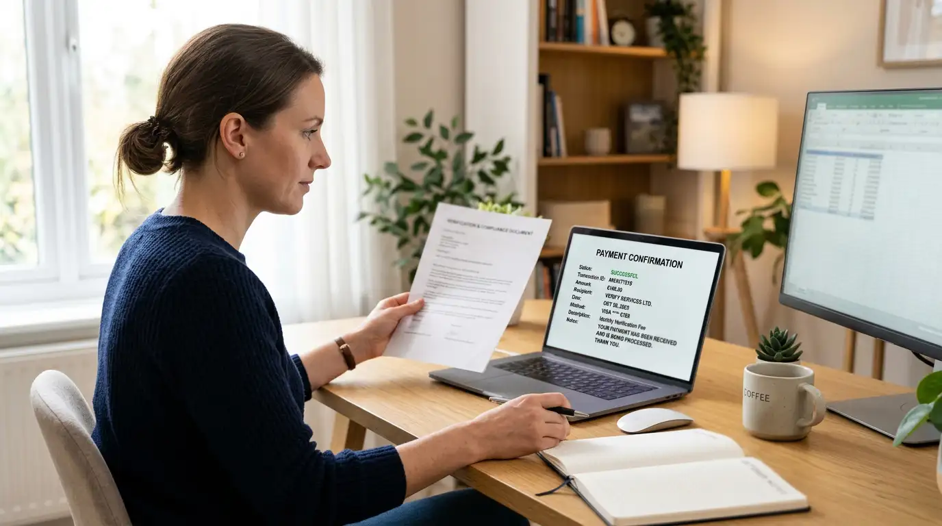 Person reviewing casino withdrawal document and payment confirmation on laptop