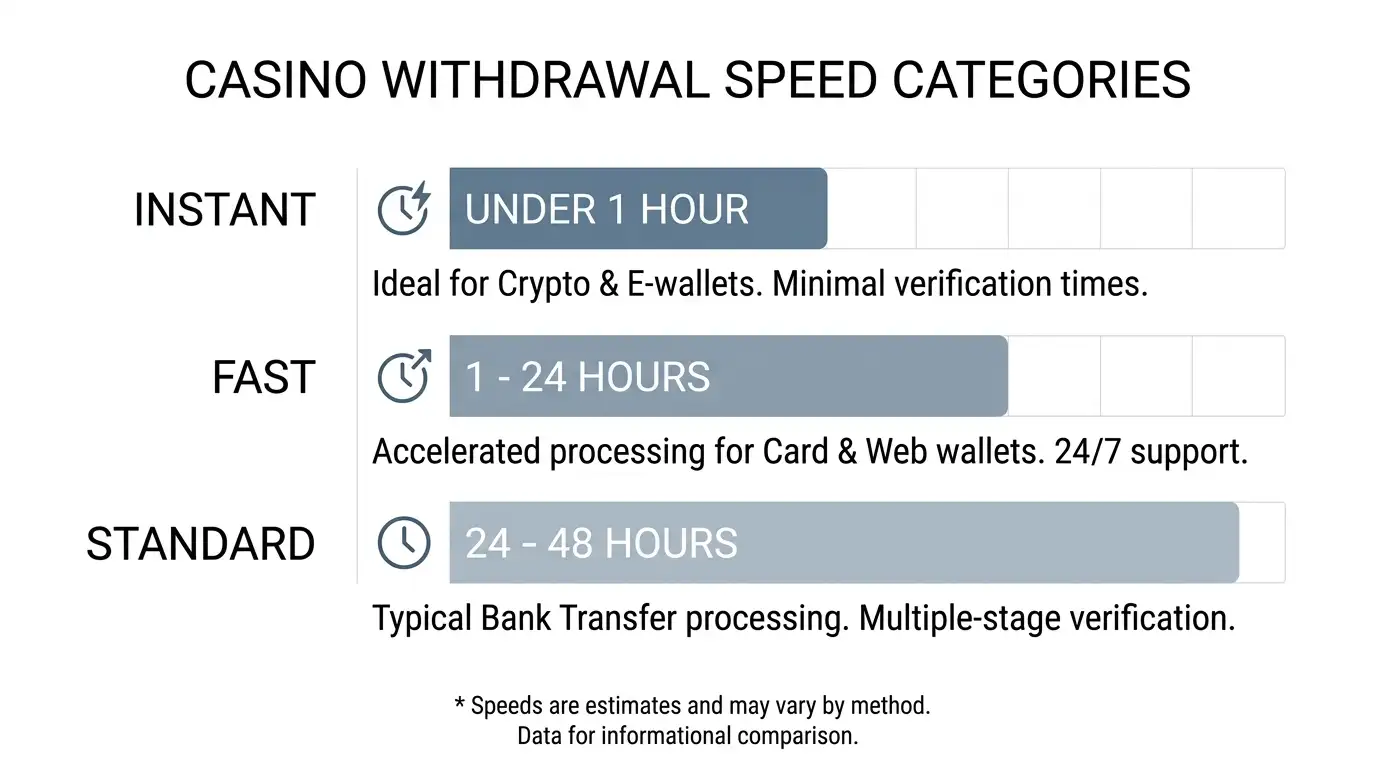 Comparison chart showing offshore casino withdrawal speed tiers from instant to days