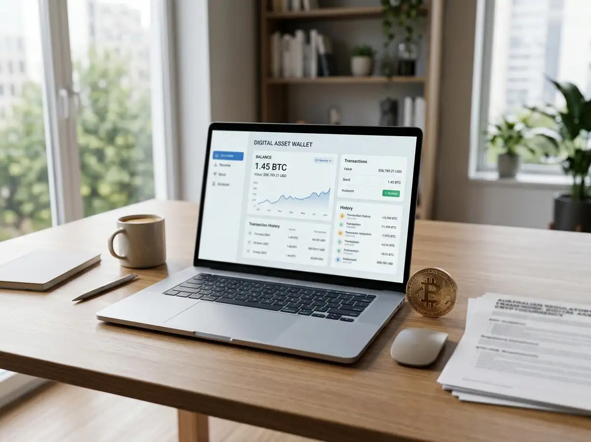 Bitcoin casino laptop setup with cryptocurrency wallet and Australian regulatory documents