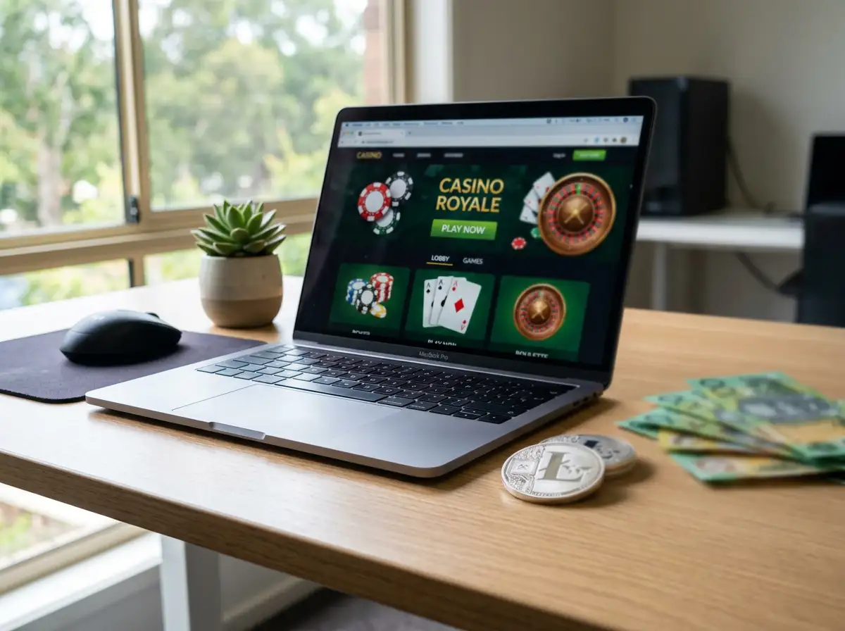 Litecoin cryptocurrency coins with Australian dollar notes on laptop displaying casino interface