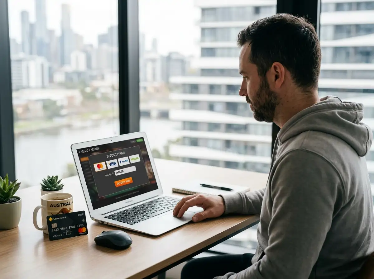 Australian player reviewing Mastercard casino payment options on laptop