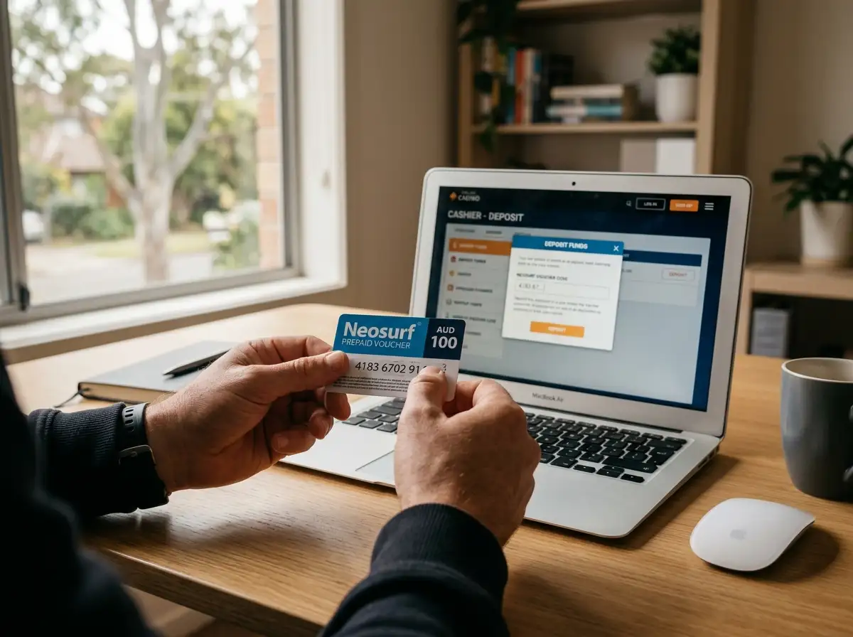 Australian player holding Neosurf voucher at laptop with casino cashier screen