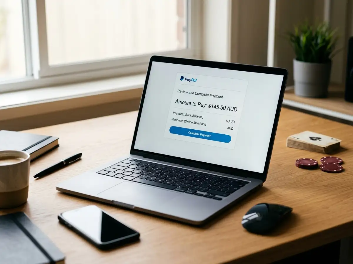 PayPal payment interface on laptop with Australian dollar symbol and casino gaming elements