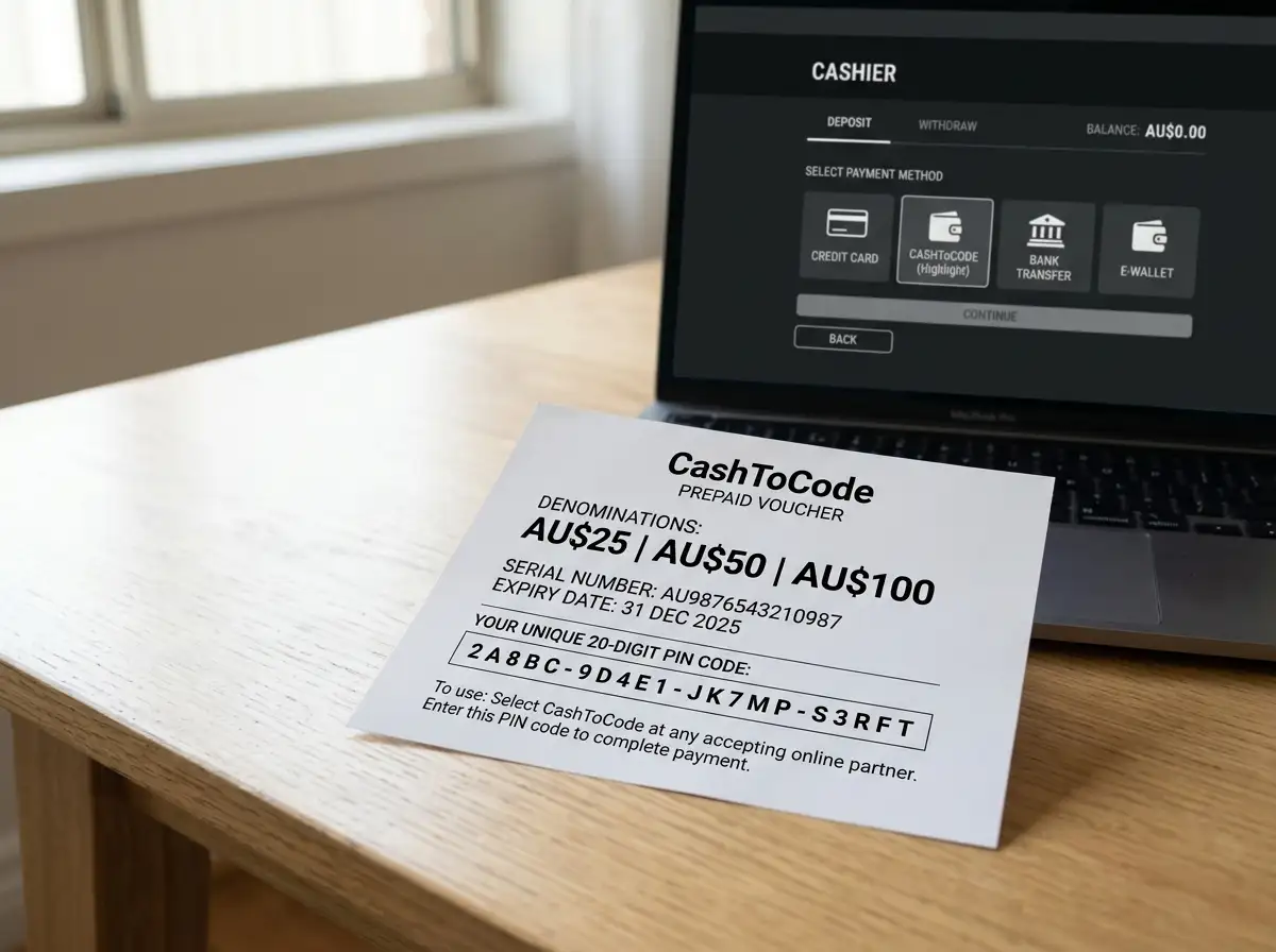 CashToCode prepaid voucher with twenty-digit PIN code and Australian casino cashier interface