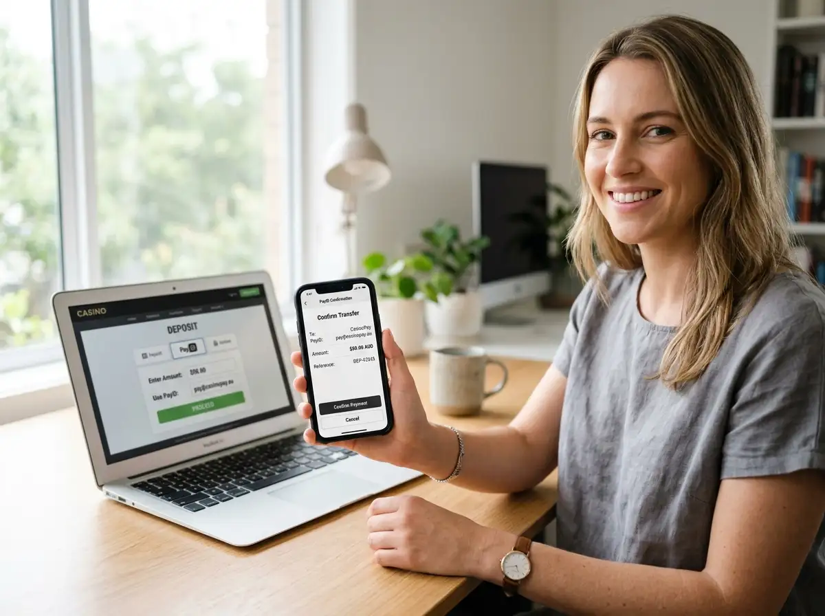 Australian player confirming PayID casino deposit on mobile banking app