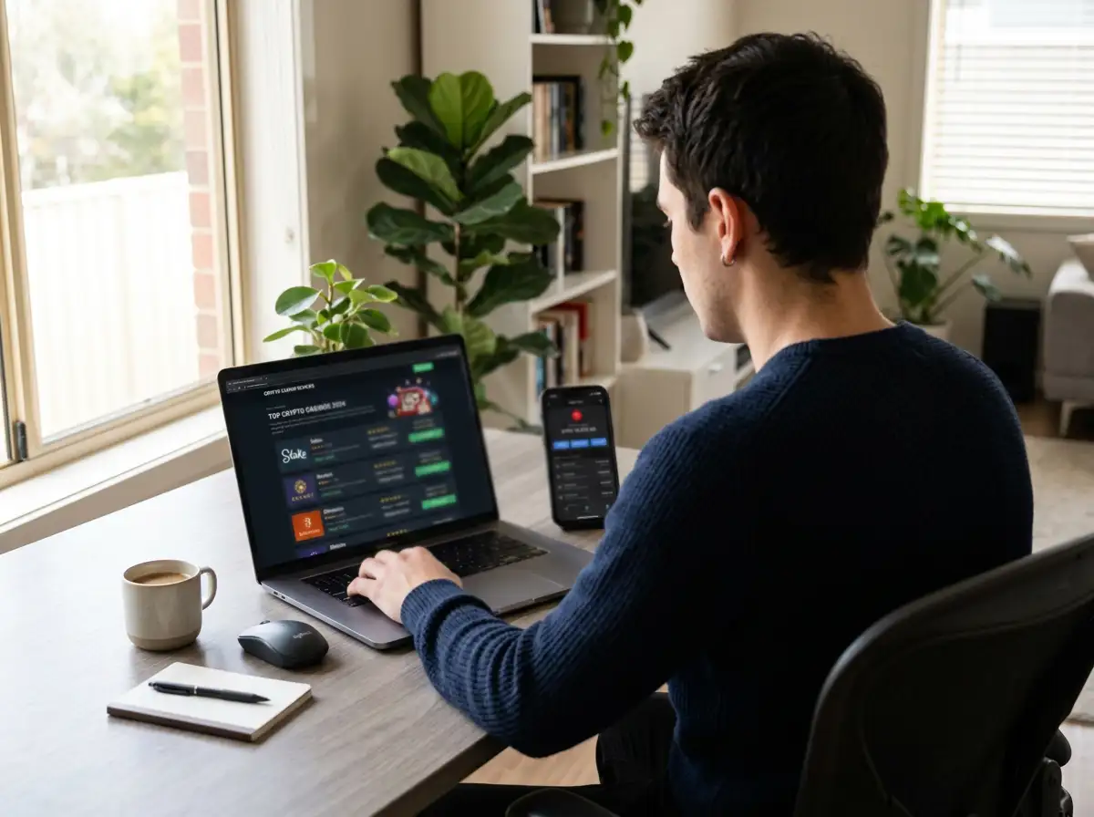 Australian player reviewing USDT casino options on laptop with smartphone showing Tron network
