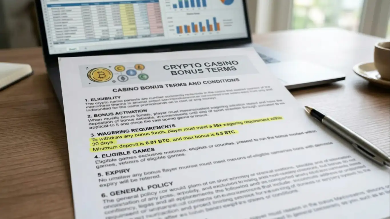 Casino welcome bonus document with cryptocurrency symbols and terms highlighted
