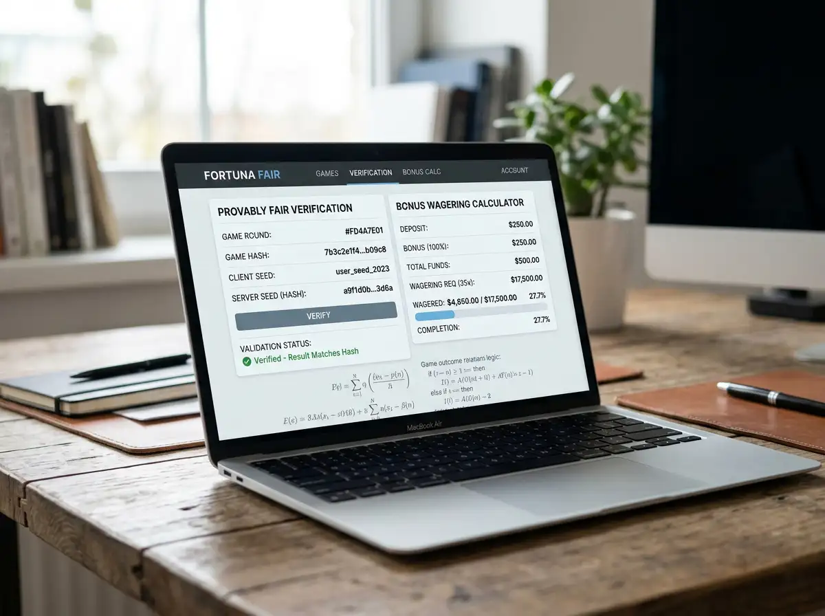 Provably fair game interface showing seed verification and bonus wagering calculator