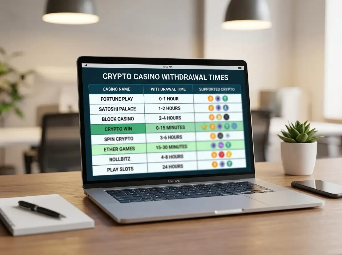 Comparison table showing eight crypto casinos with withdrawal times and coin support