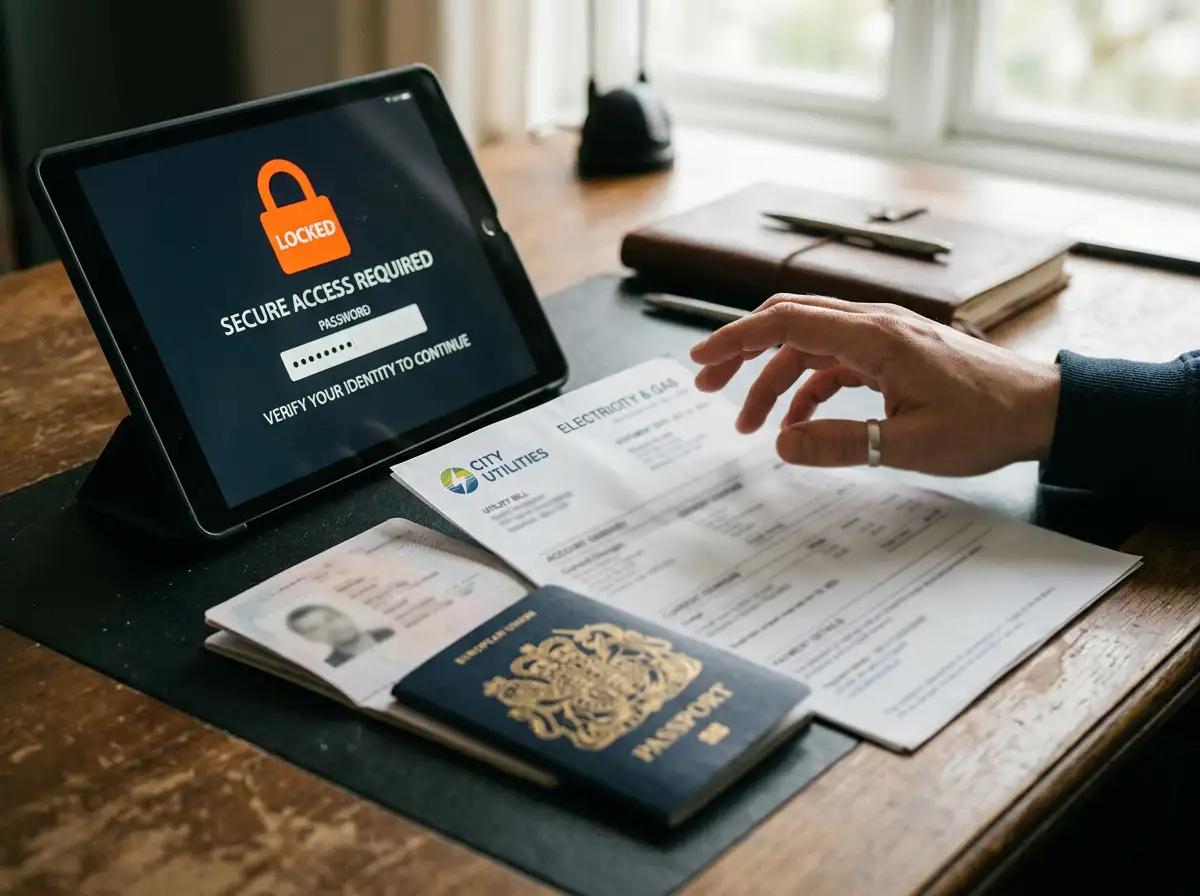Person reviewing identity verification documents with privacy concern indicators