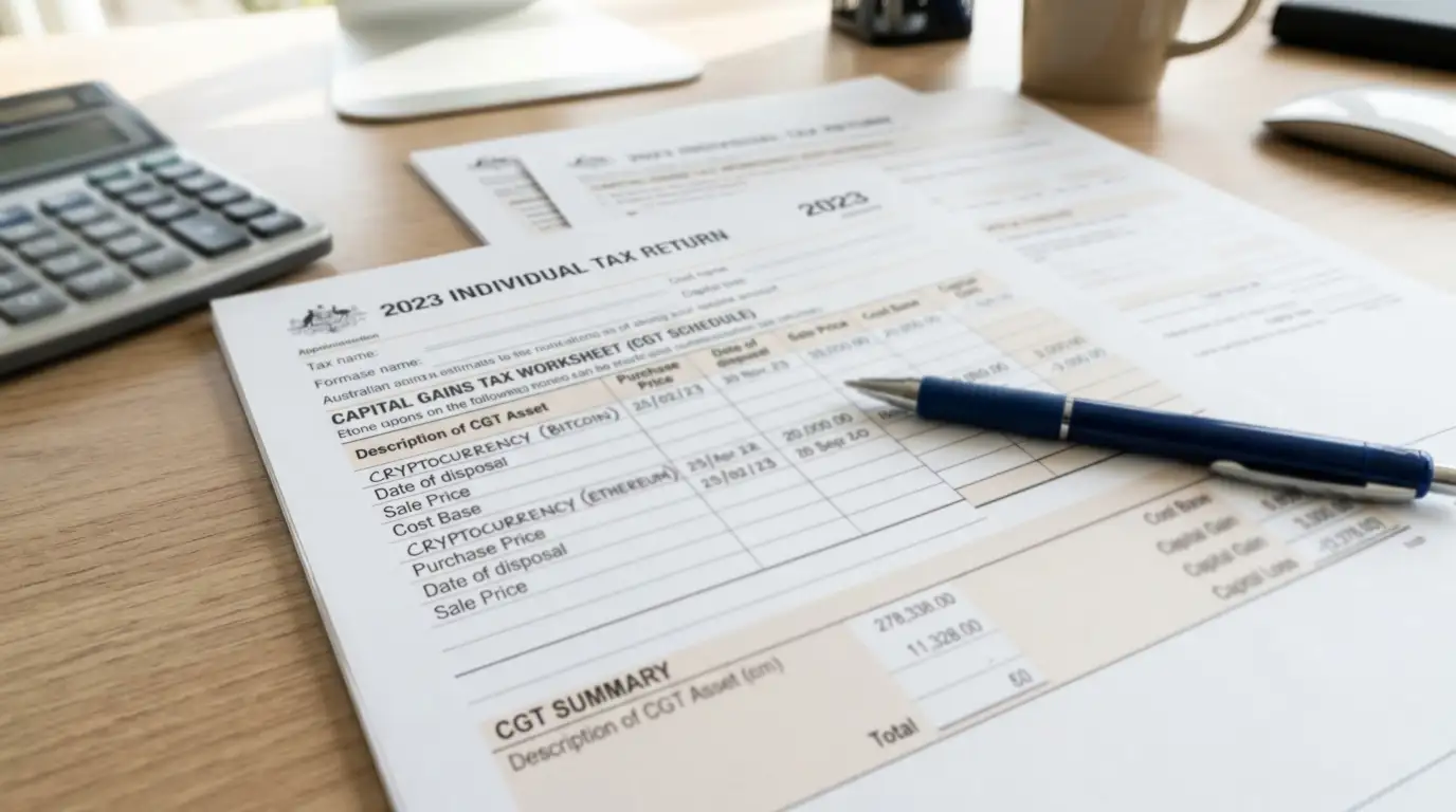 Australian tax document showing capital gains calculation worksheet with cryptocurrency entries