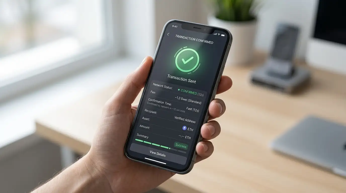 Smartphone showing crypto wallet transaction with fast blockchain confirmation times