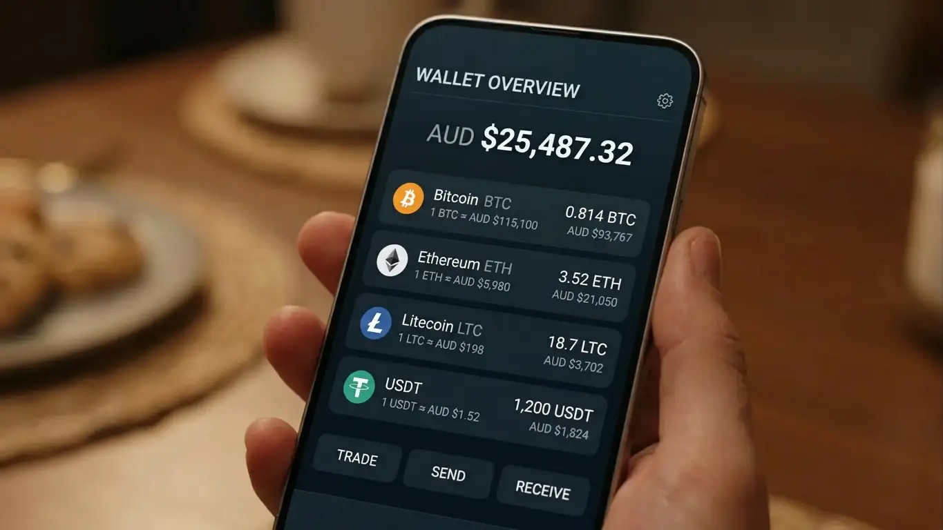 Smartphone showing cryptocurrency wallet with Bitcoin Ethereum Litecoin USDT balances