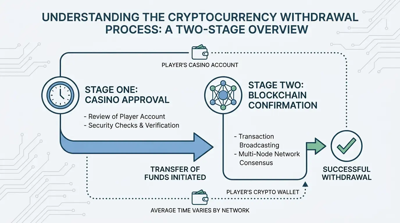 Cryptocurrency transaction flow diagram showing blockchain confirmation stages