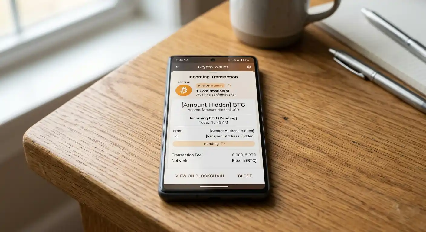 Smartphone displaying cryptocurrency wallet with incoming bitcoin transaction confirmation