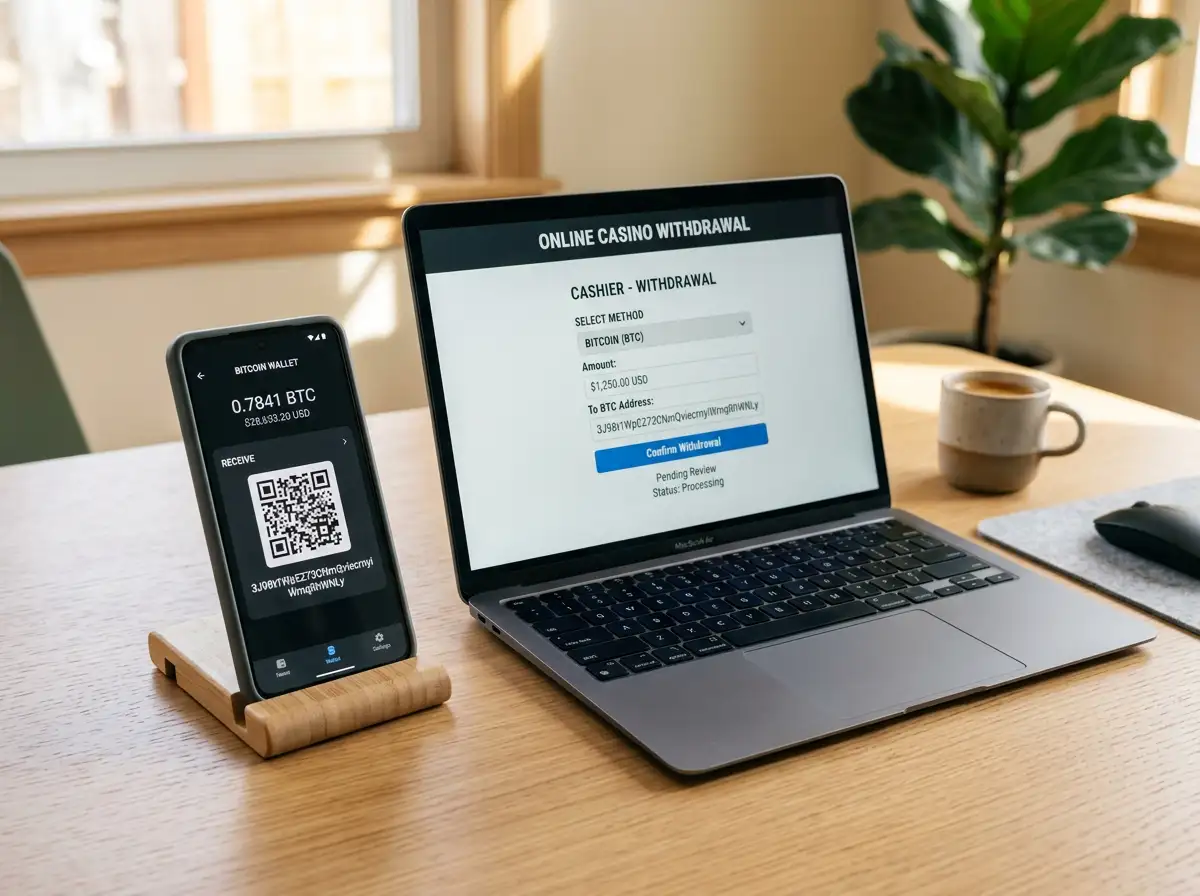 Bitcoin wallet address on smartphone next to laptop showing casino withdrawal screen
