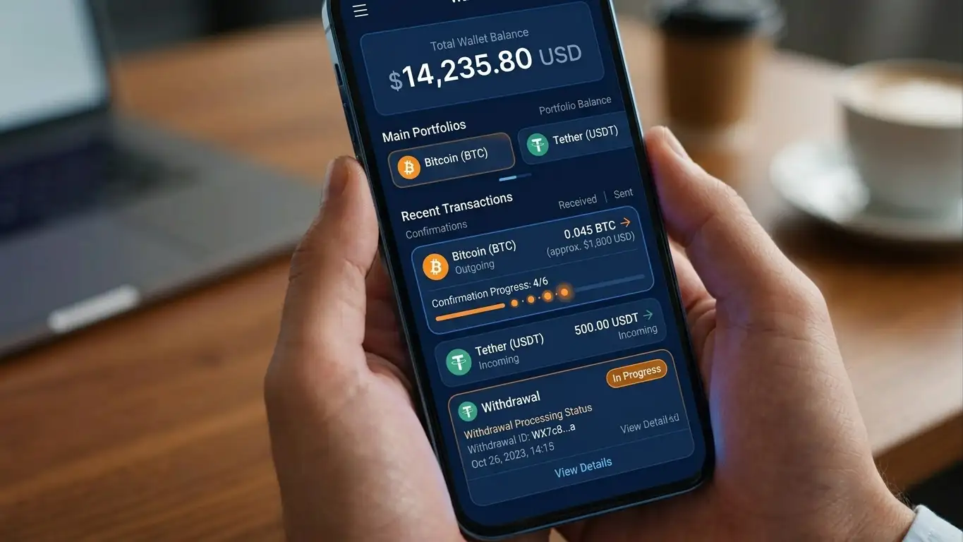 Cryptocurrency wallet on smartphone showing Bitcoin and USDT transactions with blockchain confirmation