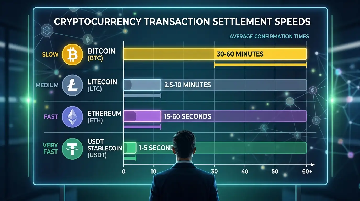 Cryptocurrency withdrawal comparison chart showing Bitcoin, USDT, Ethereum and Litecoin speeds