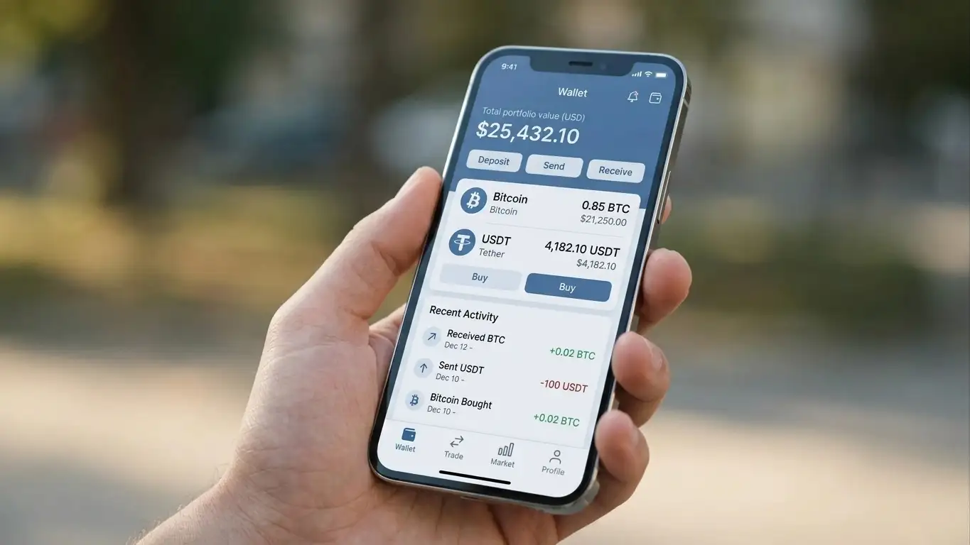 Smartphone displaying cryptocurrency wallet with Bitcoin and USDT balances