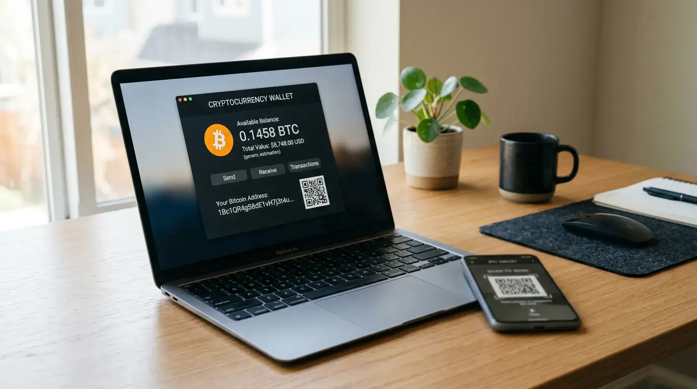 Laptop displaying cryptocurrency wallet interface with Bitcoin symbol and QR code