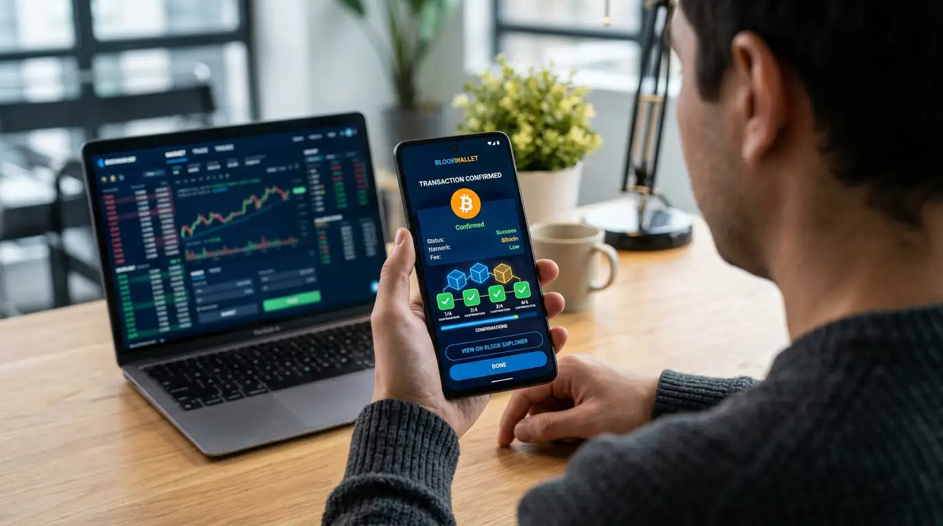 Cryptocurrency Bitcoin blockchain transaction confirmation on mobile wallet