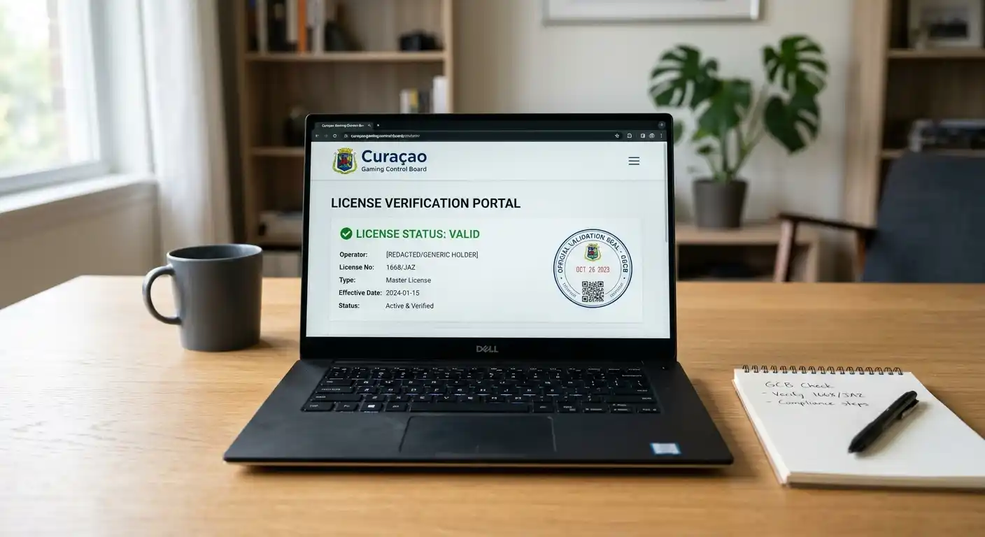 Laptop showing casino license verification page with Curaçao Gaming Control Board seal