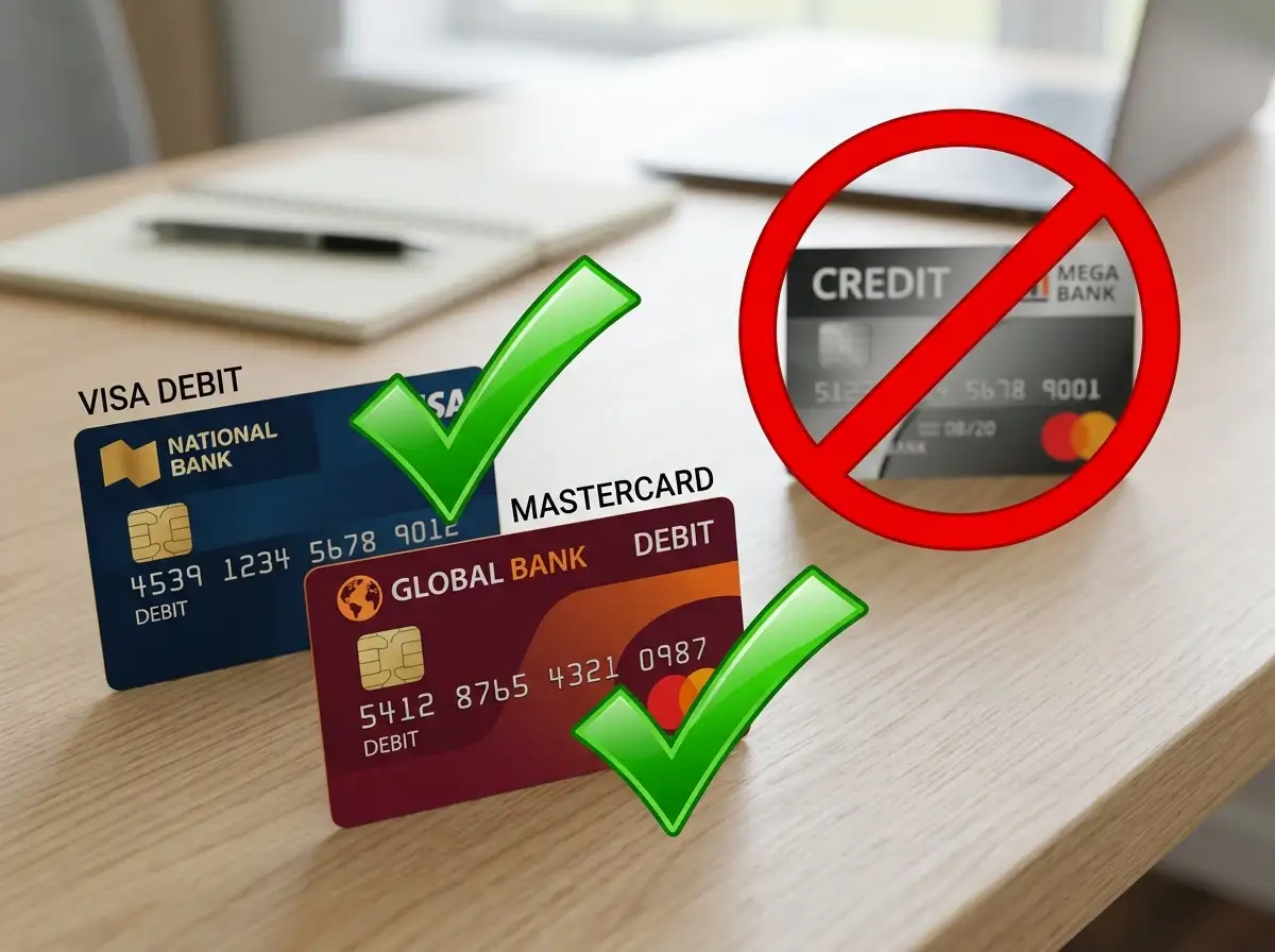 Visa and Mastercard debit cards on desk with prohibited credit card symbol overlay