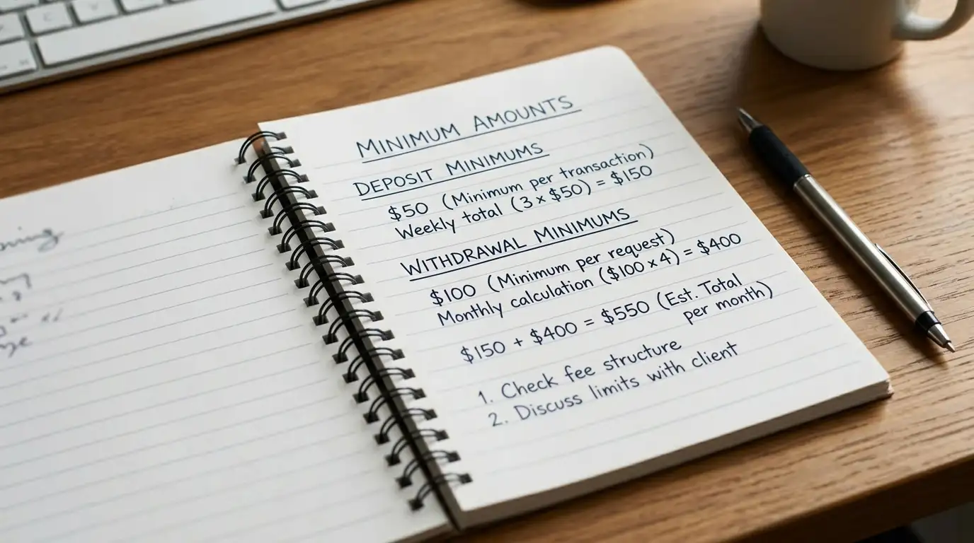 Notepad showing calculation of deposit versus withdrawal minimum amounts
