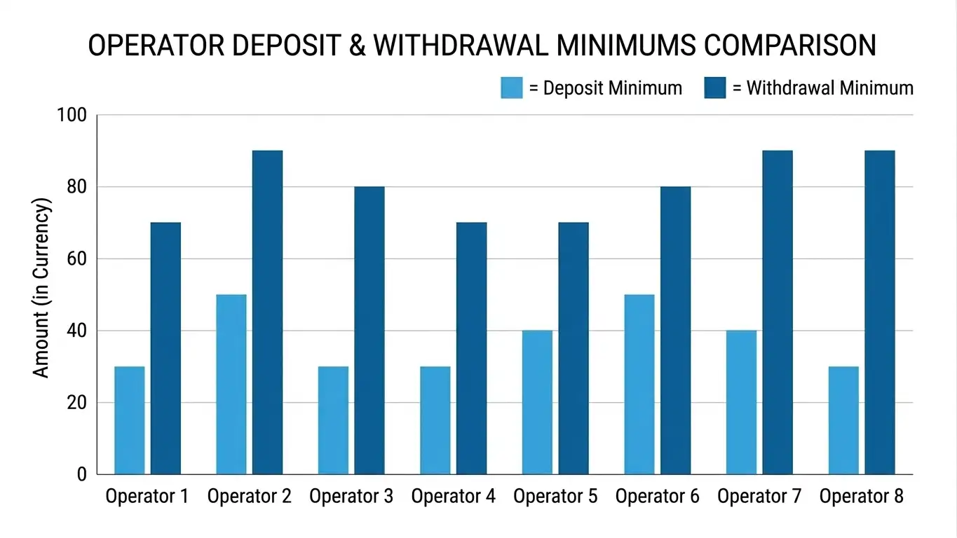 Bar chart showing deposit minimums versus withdrawal minimums with visible gaps between paired bars