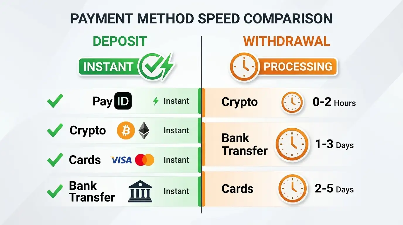 Comparison chart showing deposit versus withdrawal processing times for different payment methods
