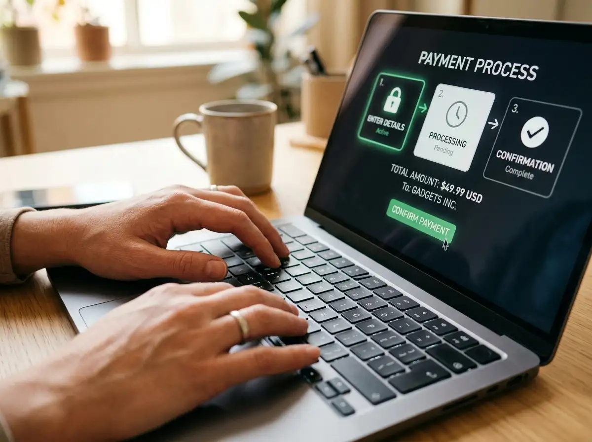 Close-up of hands typing on laptop showing payment flow interface