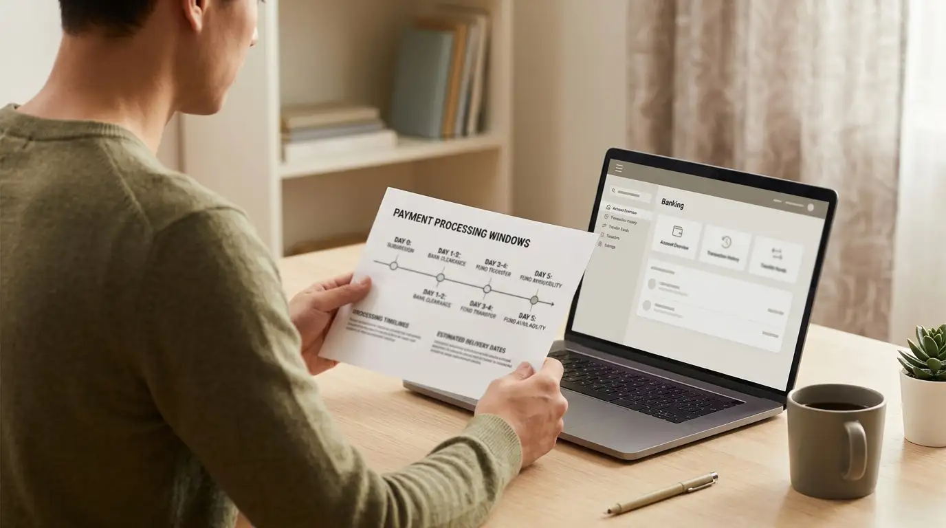 Person at desk reviewing payment processing timeline chart with laptop