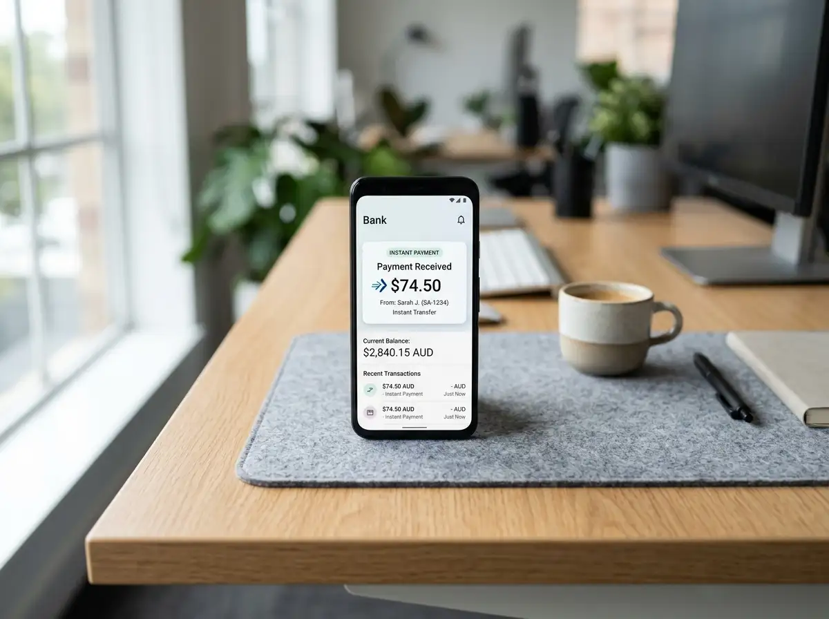 Smartphone on clean desk displaying instant payment notification with Australian dollar symbol