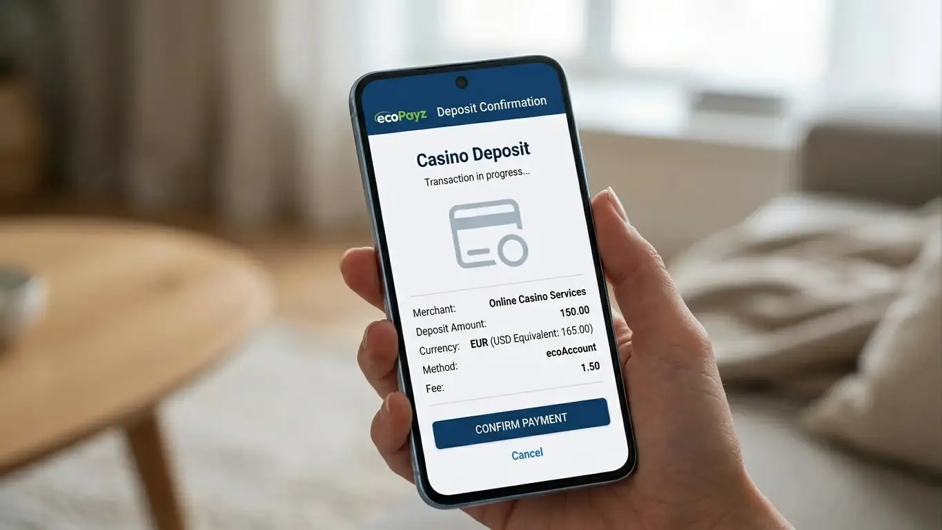 ecoPayz wallet interface showing casino deposit transaction on mobile device