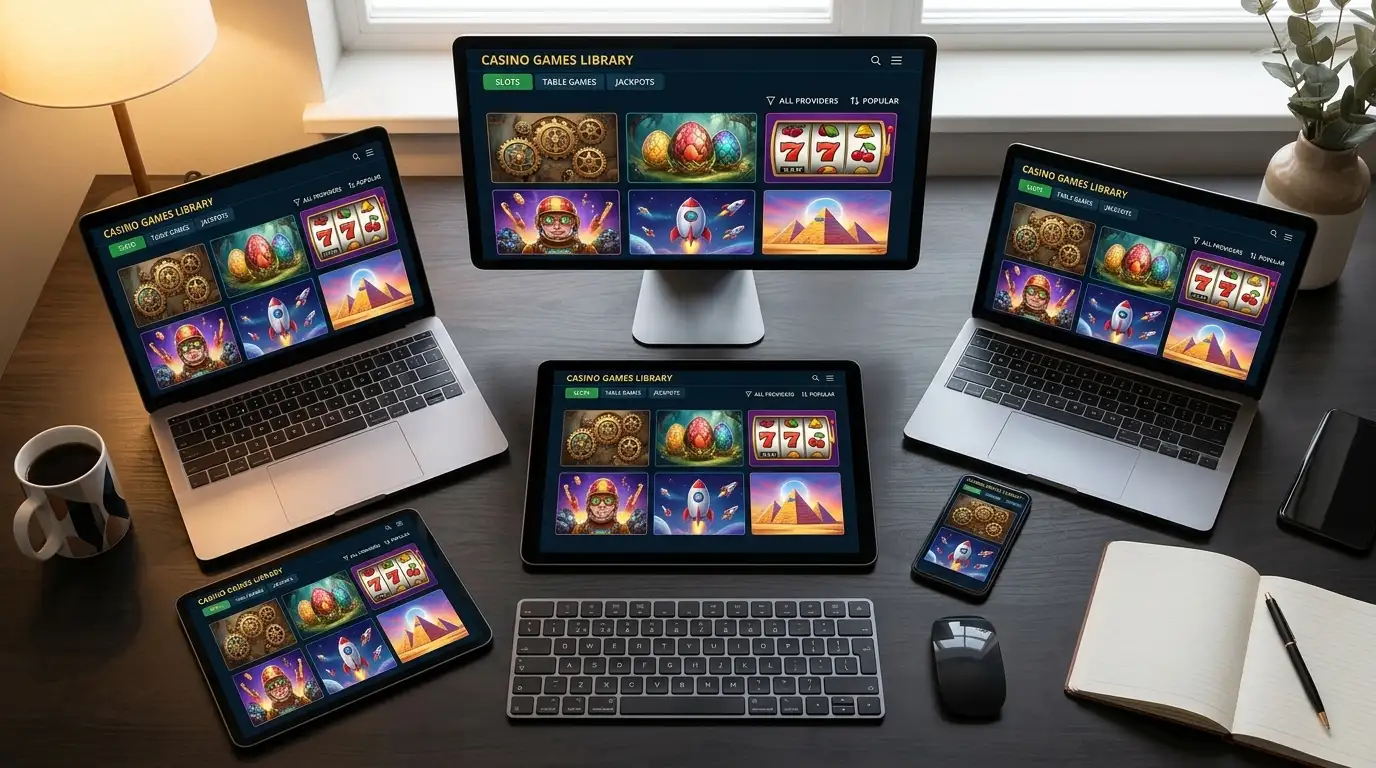 Casino game library showing slots, live dealer, and table games