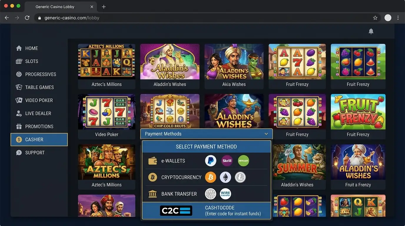 Fair Go Casino lobby showing RTG pokies and CashToCode payment option in cashier