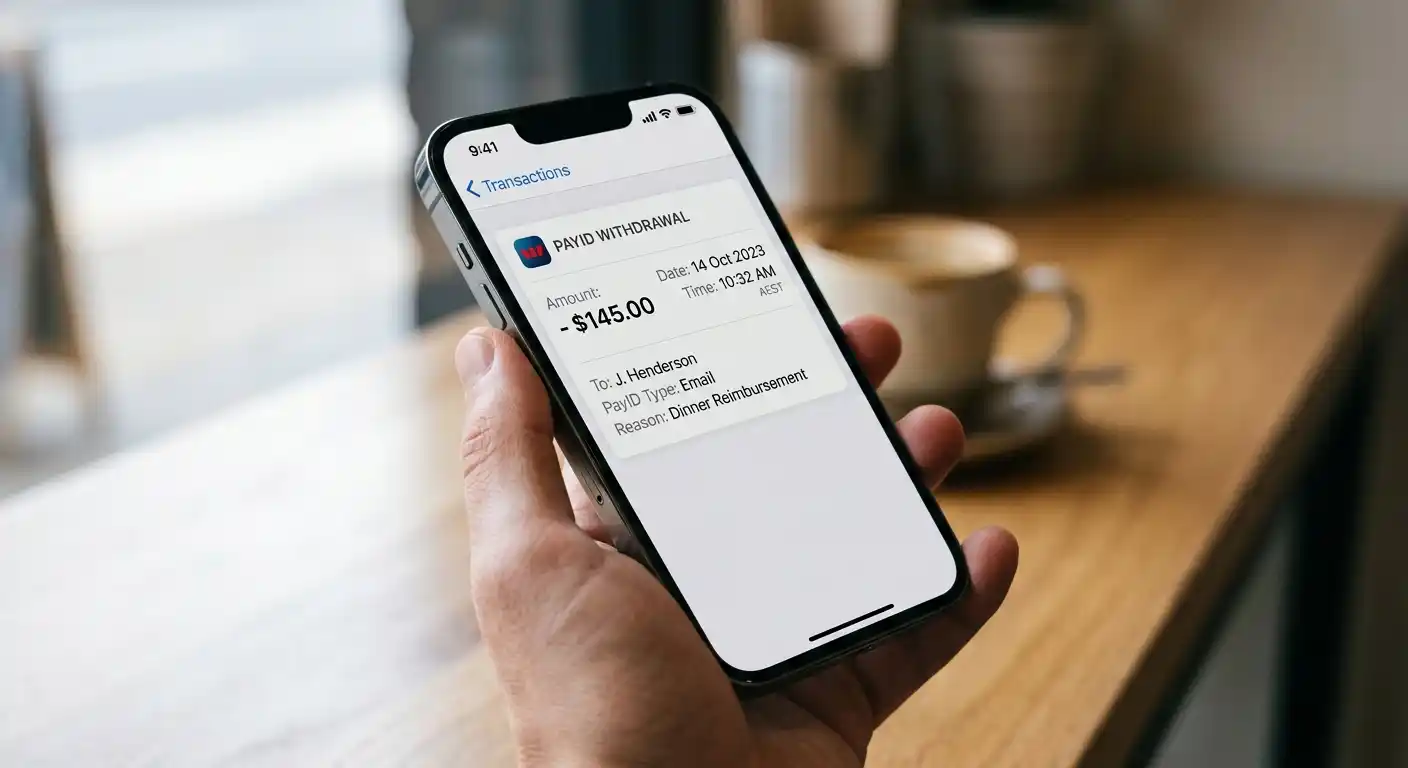 Australian bank app notification showing PayID withdrawal received with timestamp