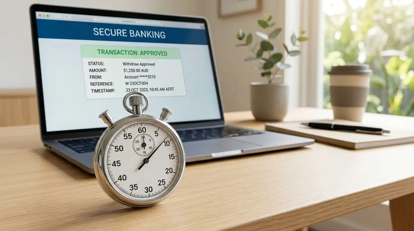 Stopwatch timing PayID casino withdrawal with bank account confirmation on screen