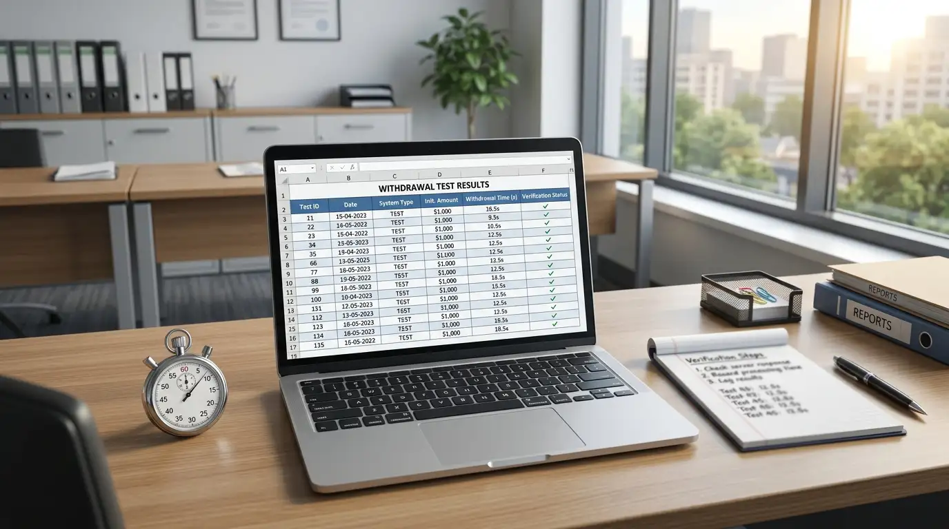 Clean desk with laptop displaying withdrawal test spreadsheet and stopwatch
