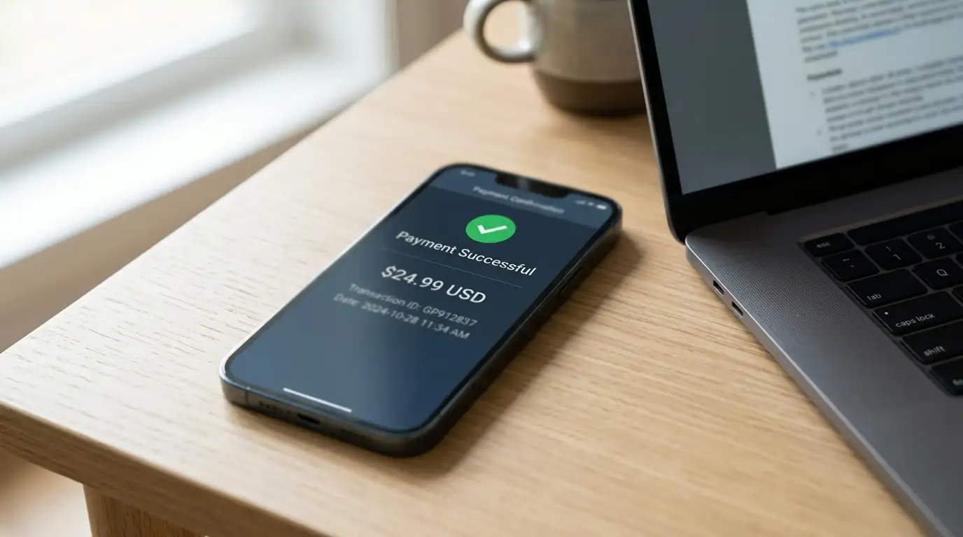 Smartphone showing successful payment confirmation notification on screen