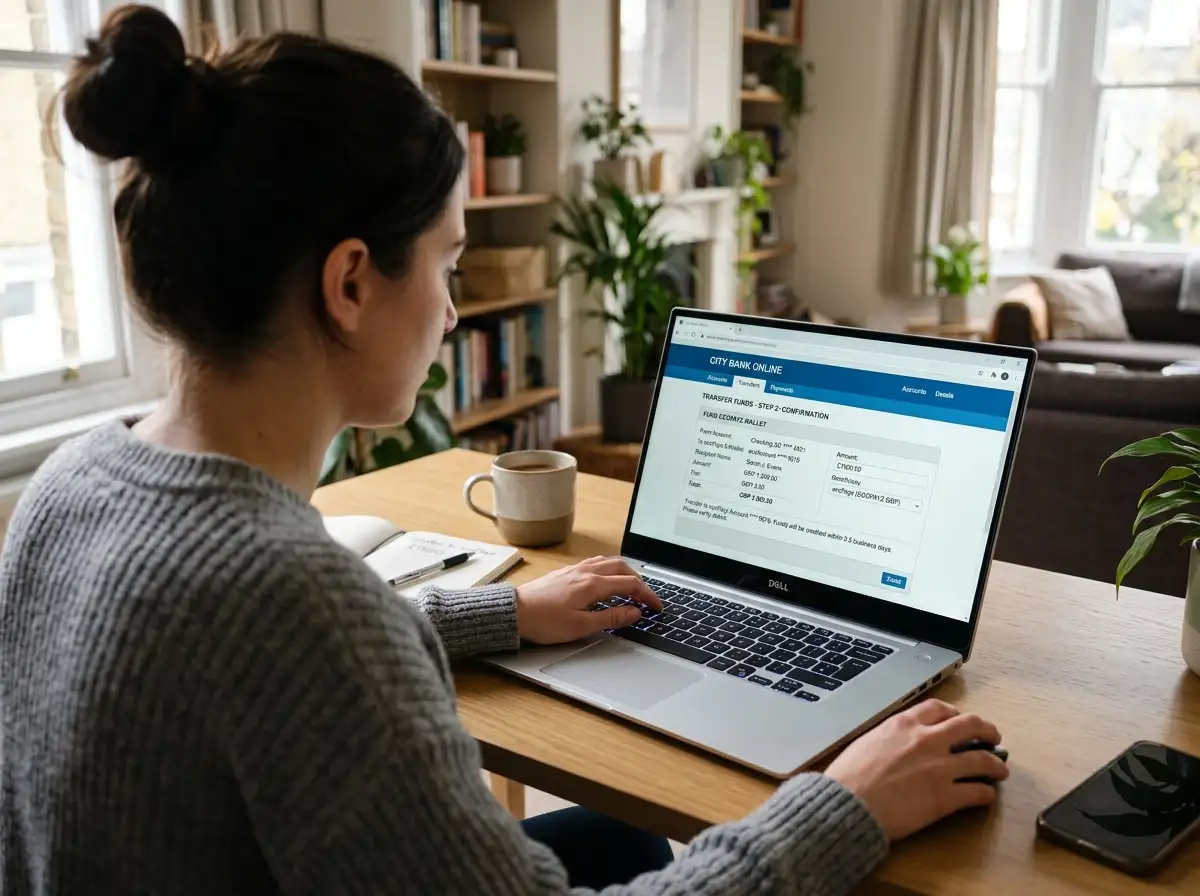 Person funding ecoPayz wallet from bank account on laptop