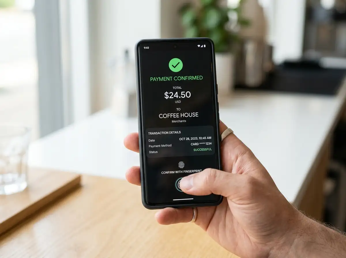 Hand holding Android phone with Google Pay app open showing payment confirmation